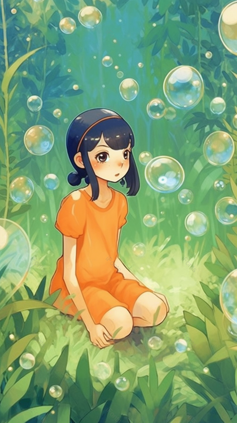 橙色小女孩沉思唯美动漫儿童节六一春游游玩探险绿色插画,插画/手绘图,插画/手绘图库,插画/手绘图下载,插画/手绘